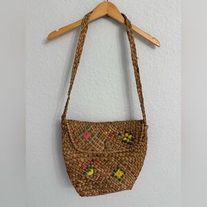 Vintage Raffia Straw Woven Crossbody Tote Beach Bag Purse 3D Flowers